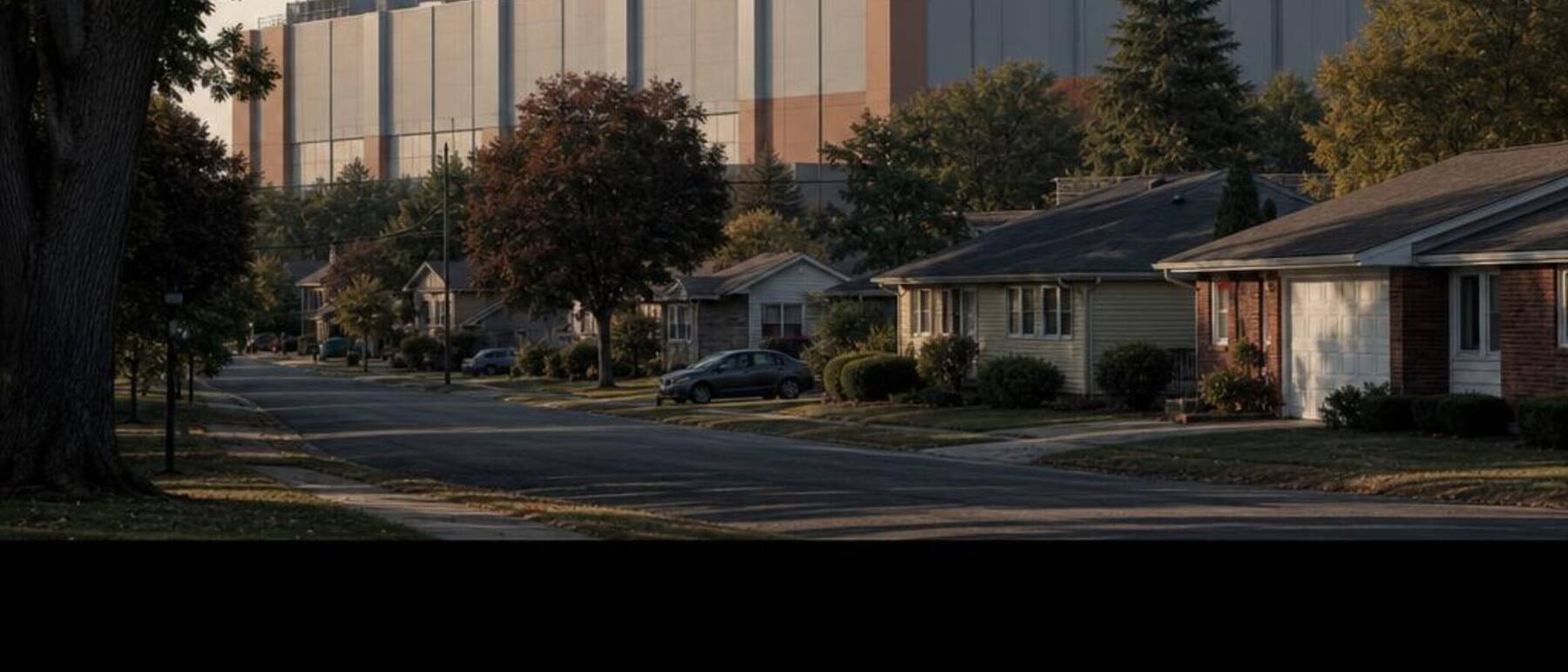 A residential street with a hyperscale data center rising behind the homes