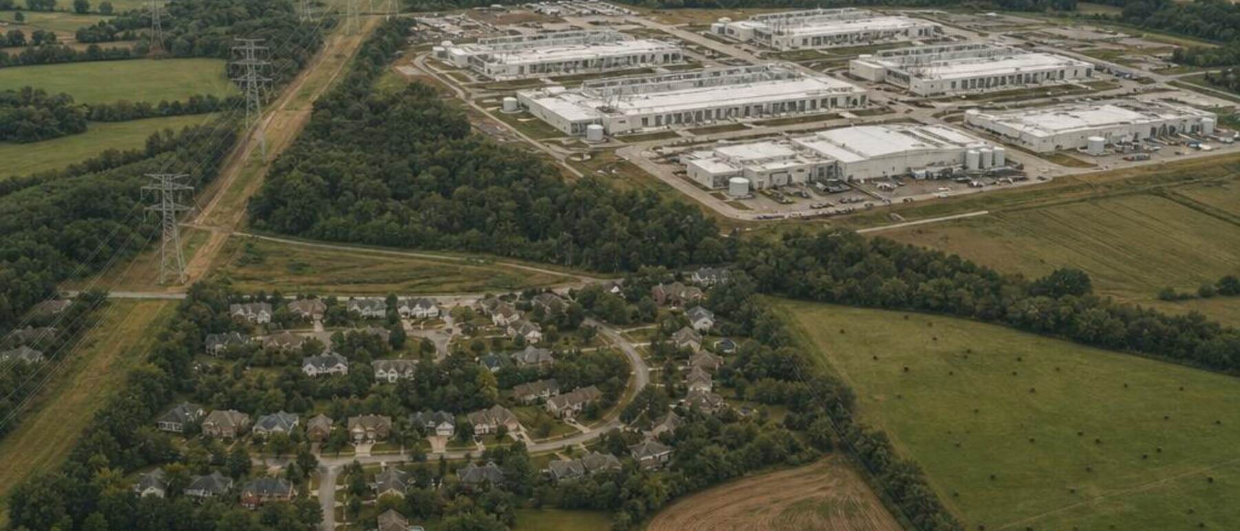 Aerial view of farmland and neighborhoods beside a sprawling data center campus